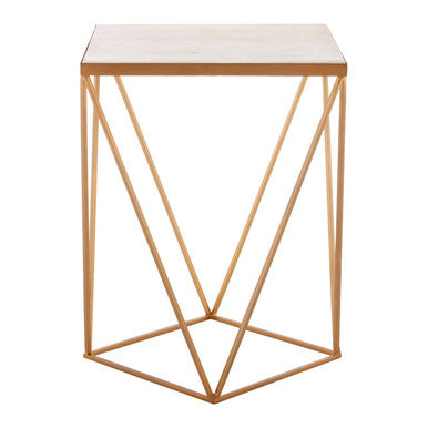 Natural Round Marble Top Side Table with Geometric Gold Metallic Base, Shalimar