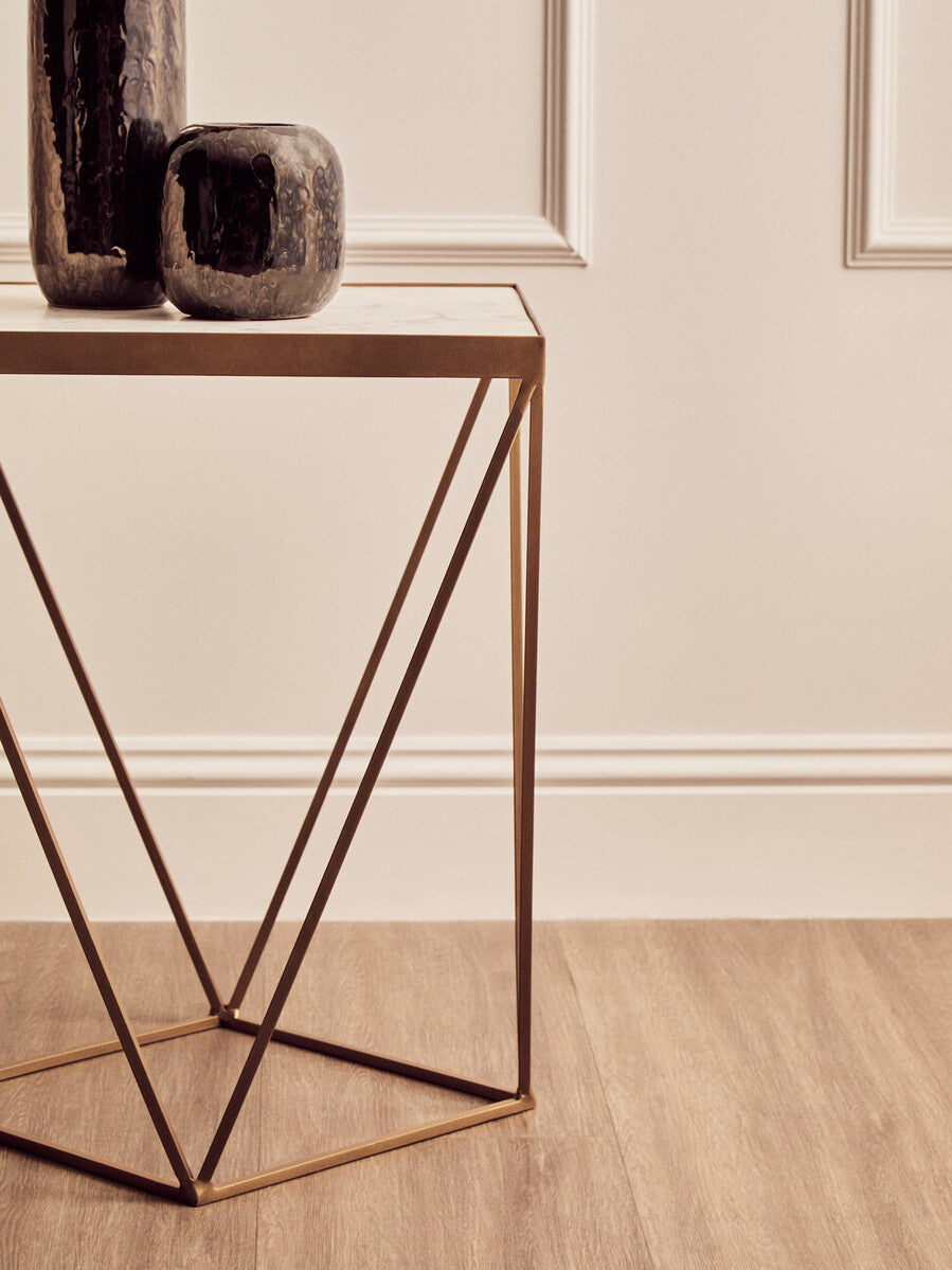 Natural Round Marble Top Side Table with Geometric Gold Metallic Base, Shalimar