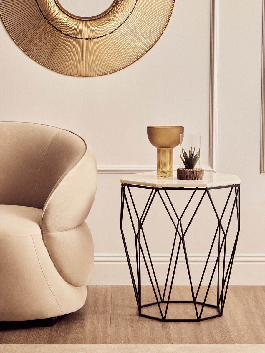 Natural White Octagon Marble Top and Matte Black Steel Legs Side Table, Shalimar