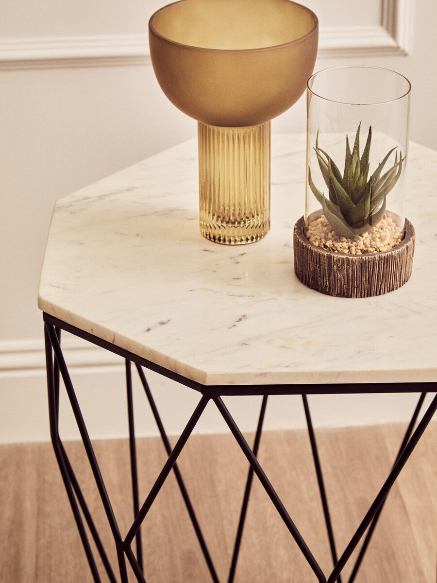 Natural White Octagon Marble Top and Matte Black Steel Legs Side Table, Shalimar
