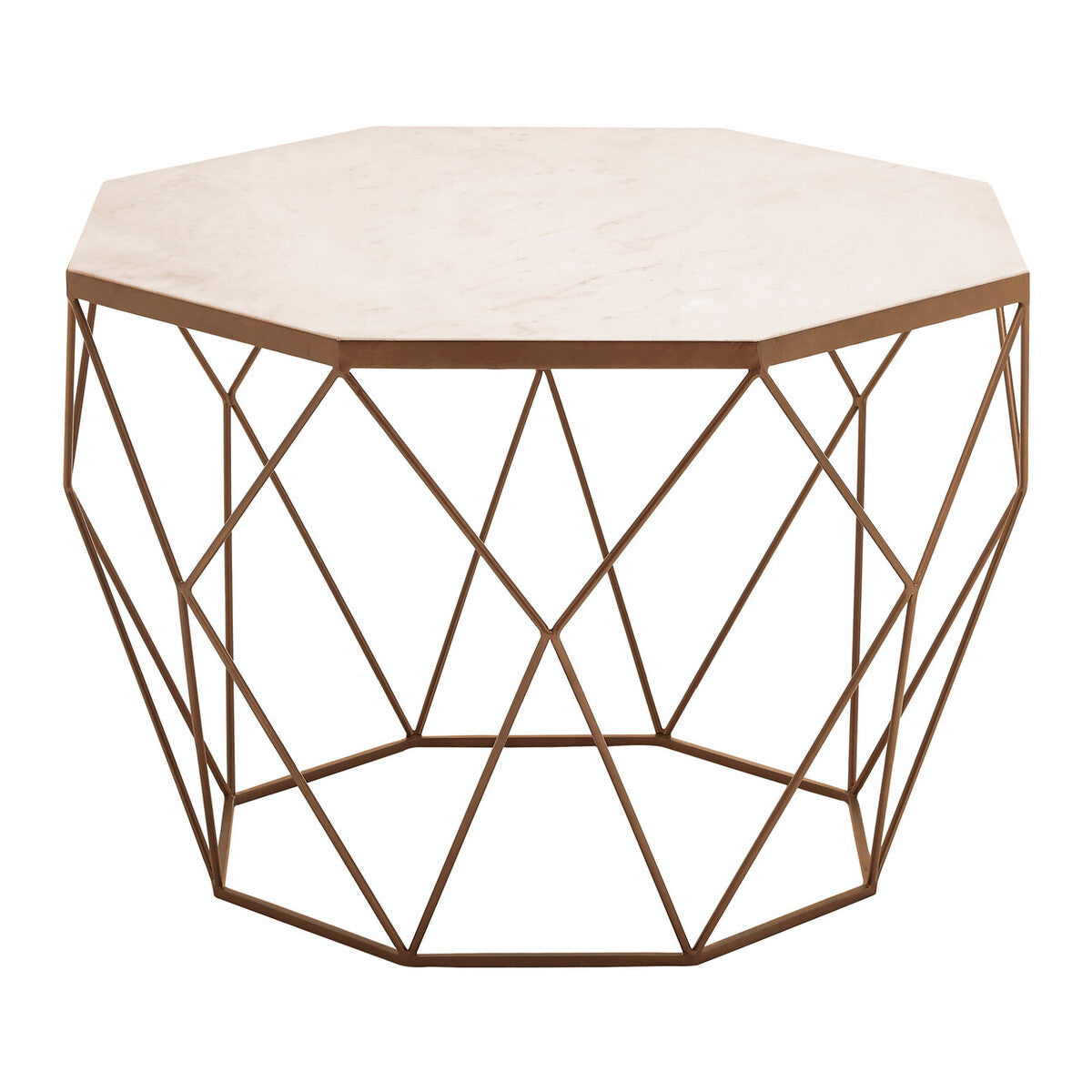 Hexagonal side table with marble top and geometric metal frame on a white background