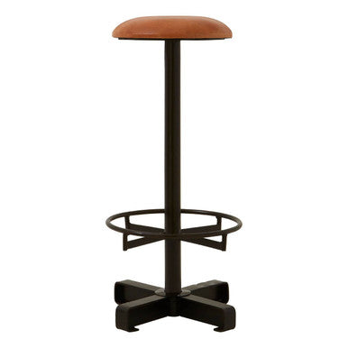 Bar stool with brown leather seat and black metal frame on a white background