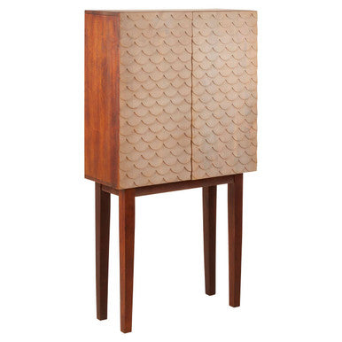 Wooden cabinet with a textured beige door on a white background