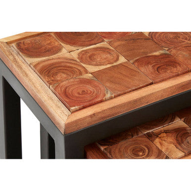 Artisan Set of Three Acacia Wood and Metal Nesting Tables - Image 4