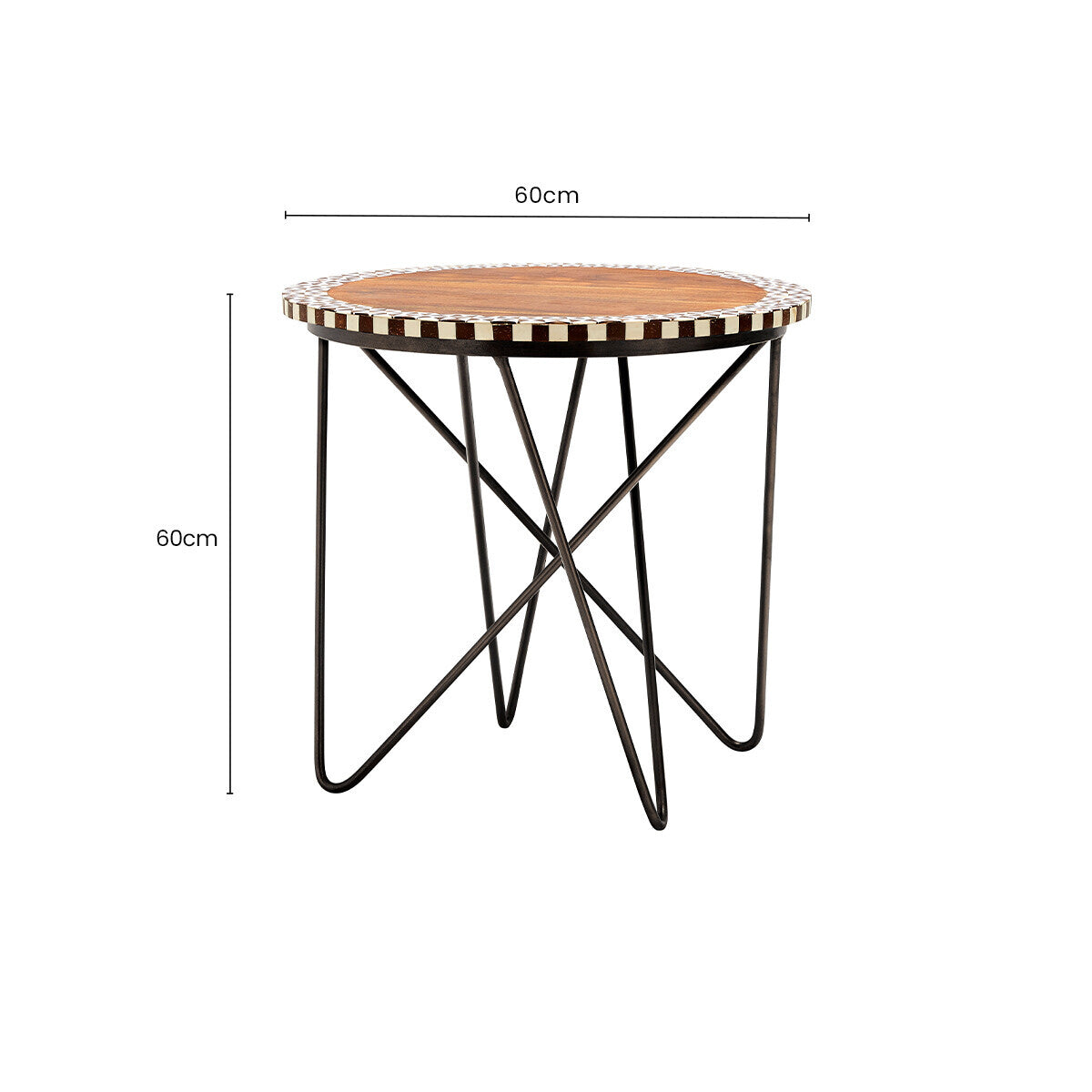 Natural Geometric Acacia Wood Round Side Table with Black Metal Legs, Artisan