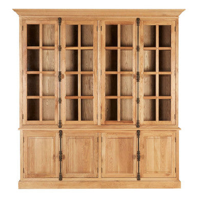 Wooden cabinet with glass doors and solid panels on a white background