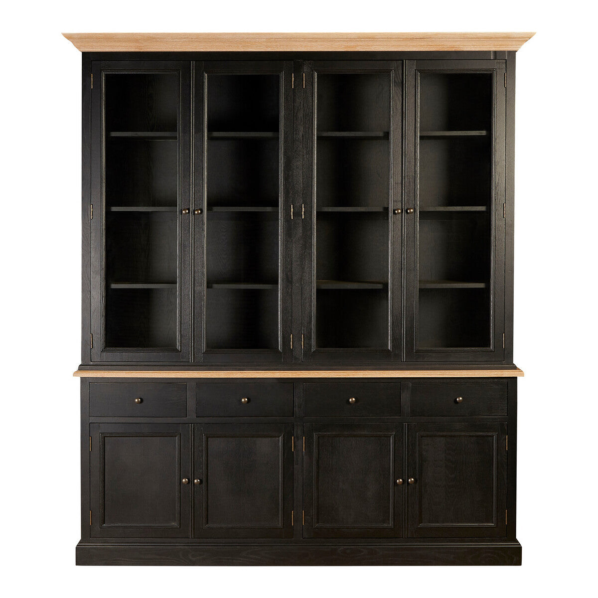 Black wooden cabinet with glass doors and drawers on a white background