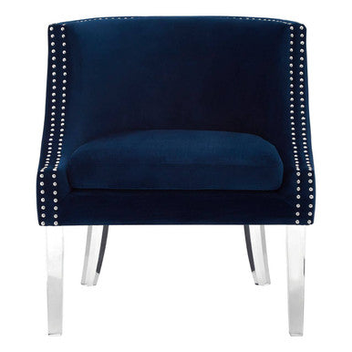 Navy blue chair with silver studded details on a white background