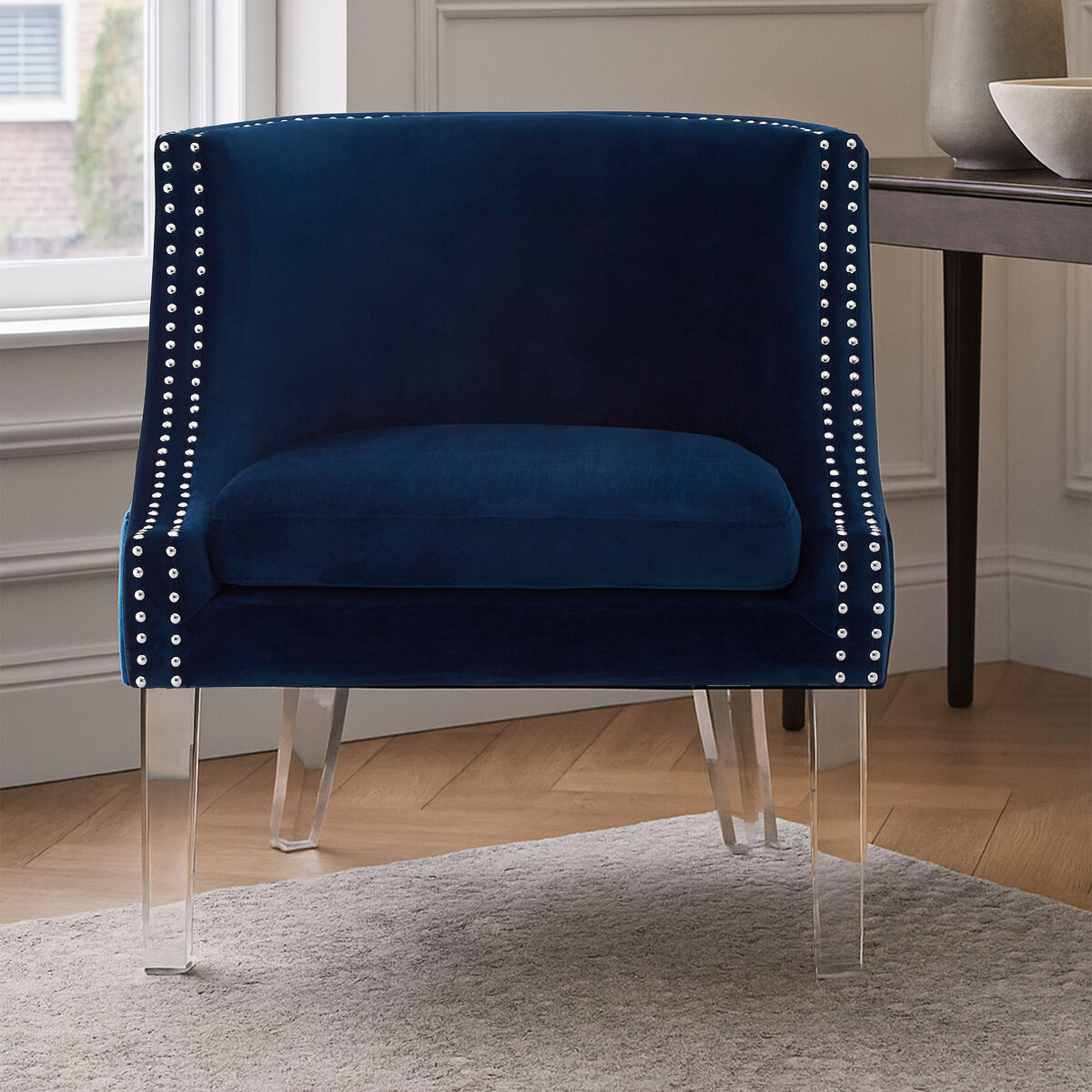 Clarence Navy Blue Velvet Chair with Acrylic Legs