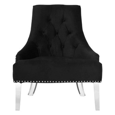 Black upholstered chair with silver studded details on a white background
