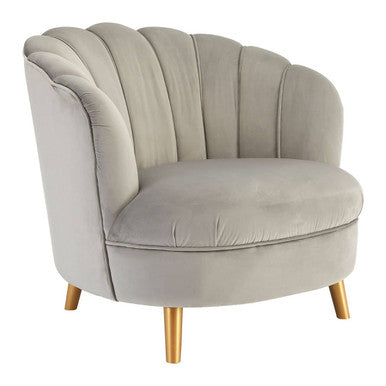 Orlina Grey Velvet Scalloped Curved Chair With Gold Wood Legs