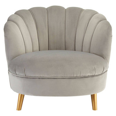 Gray velvet armchair with gold legs on a white background