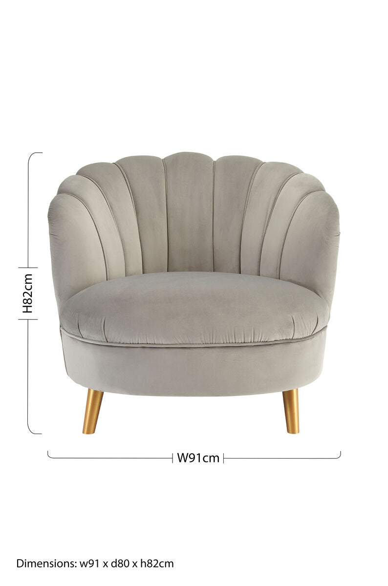 Orlina Grey Velvet Scalloped Curved Chair With Gold Wood Legs