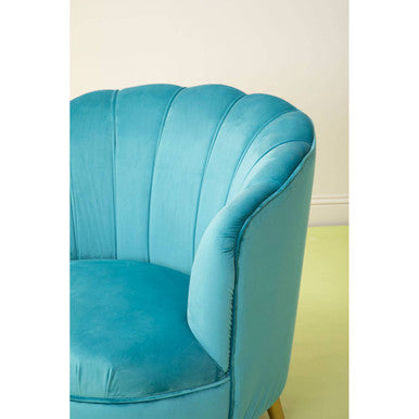 Orlina Blue Velvet Scalloped Curved Chair With Gold Wood Legs