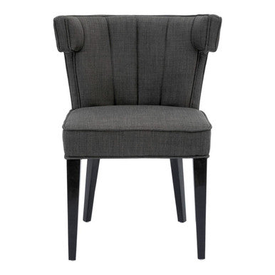 Gray upholstered chair with dark wooden legs on a white background