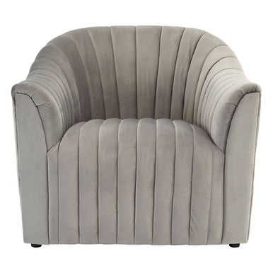 Gray velvet armchair with a ribbed texture on a white background