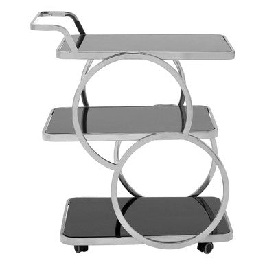 Three-tiered serving cart with circular design on a white background