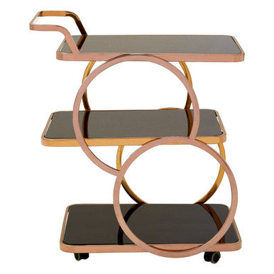 Three-tiered serving cart with rose gold frame and black shelves on a white background