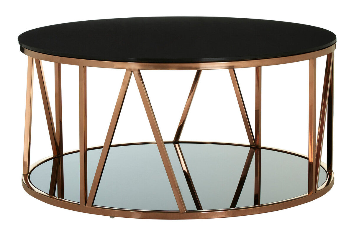 Round coffee table with black top and rose gold metal frame on a white background