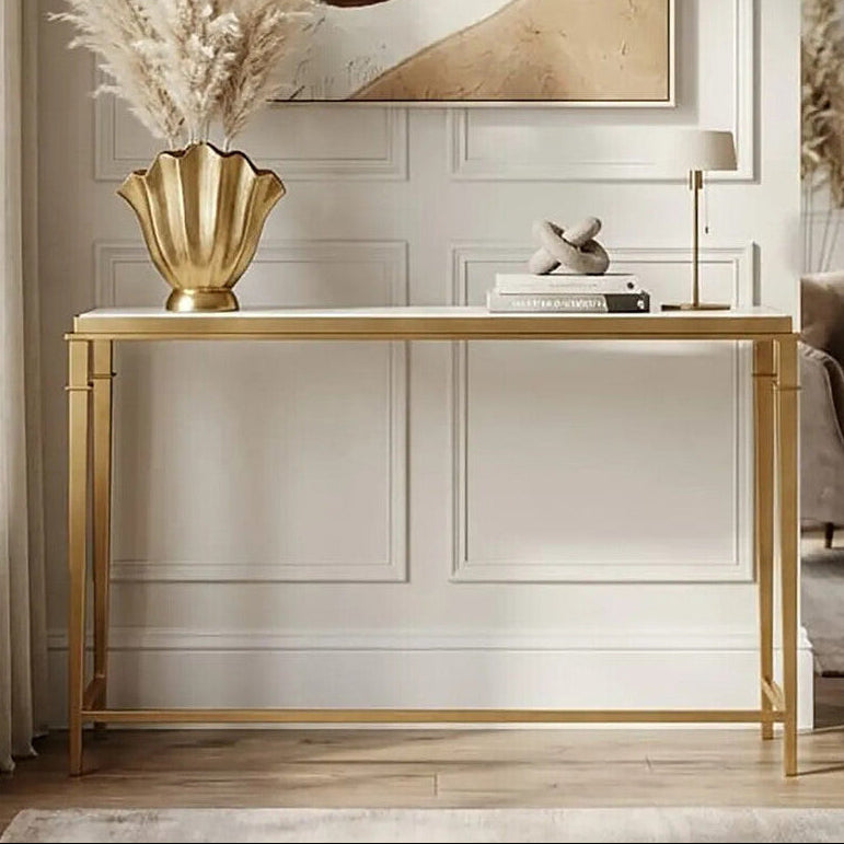 White Marble Top Console Table with Warm Gold Stainless Steel Frame, Alvaro