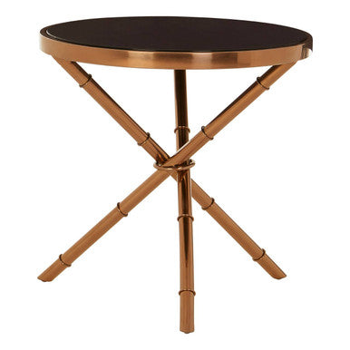Alvaro Round Side Table With Rose Gold Legs And Black Glass Top