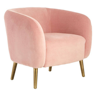 Pink velvet armchair with gold legs on a white background
