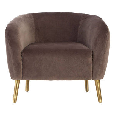 Brown velvet armchair with gold legs on a white background