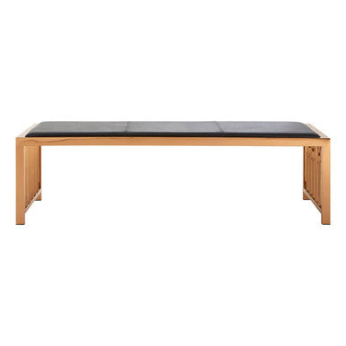 Dining table with black top and wooden frame on a white background