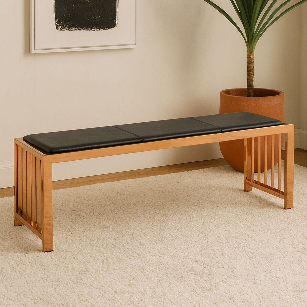 Novara Black Leather and Rose Gold Finish Bench