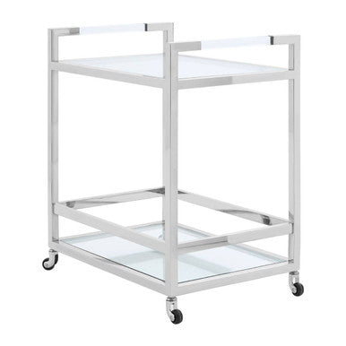 Metal serving cart with glass shelves on a white background