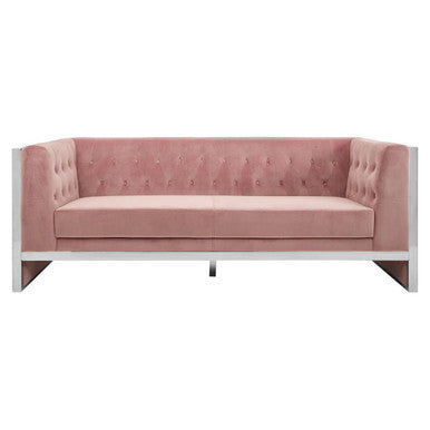 Pink sofa with tufted backrest on a white background