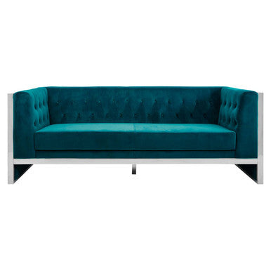 Teal sofa with a white background