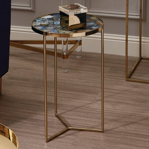 Agate Top Round Side Table with Gold Frame, Vita