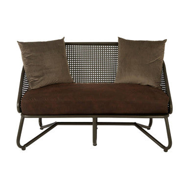 Brown wicker outdoor loveseat with two cushions on a white background