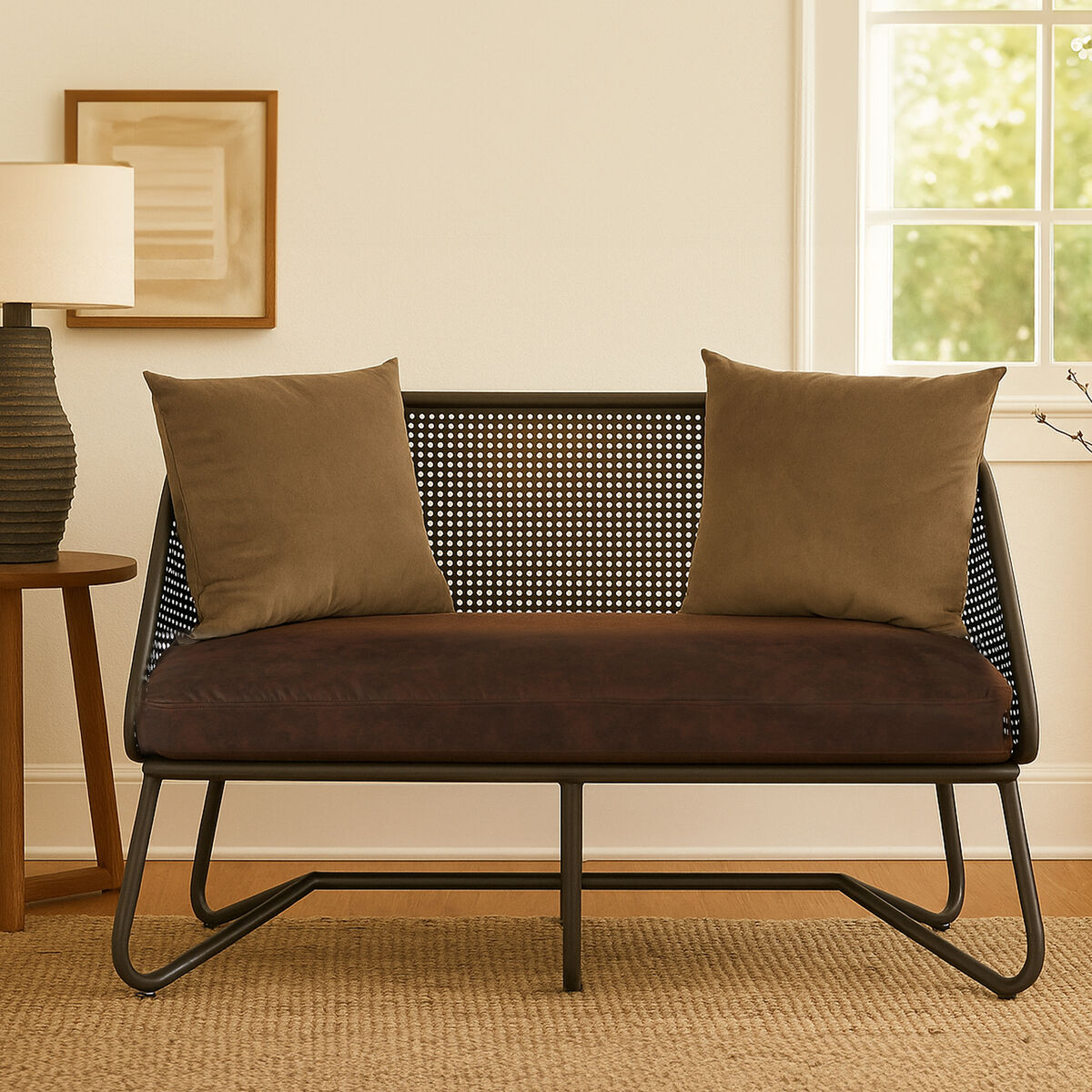 Brown cushioned bench with woven backrest in a room with a lamp and painting.