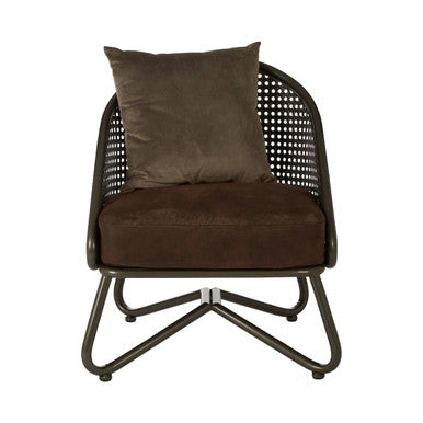 Brown cushioned chair with woven backrest on a white background