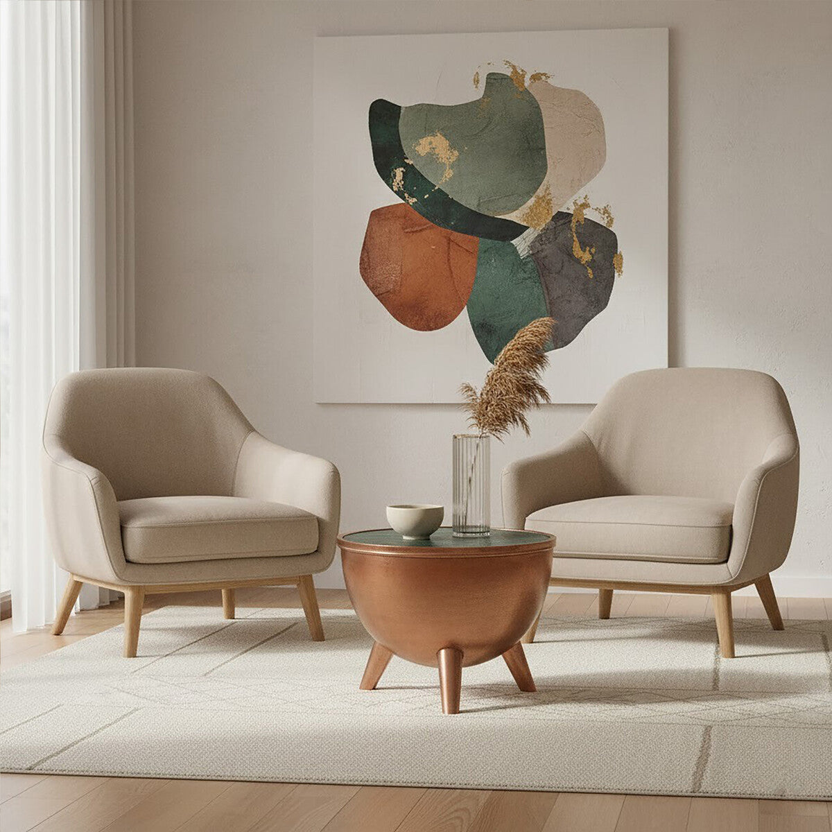 Crest Copper Bowl Shape Coffee Table with Green Marble - Image 3