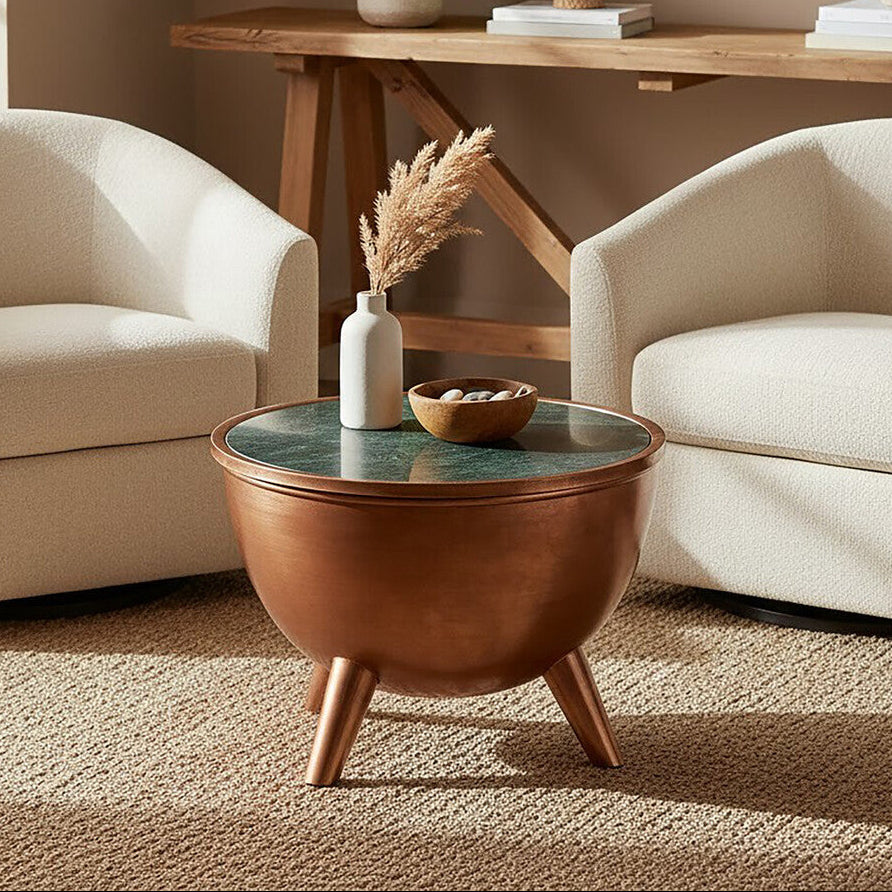 Crest Copper Bowl Shape Coffee Table with Green Marble