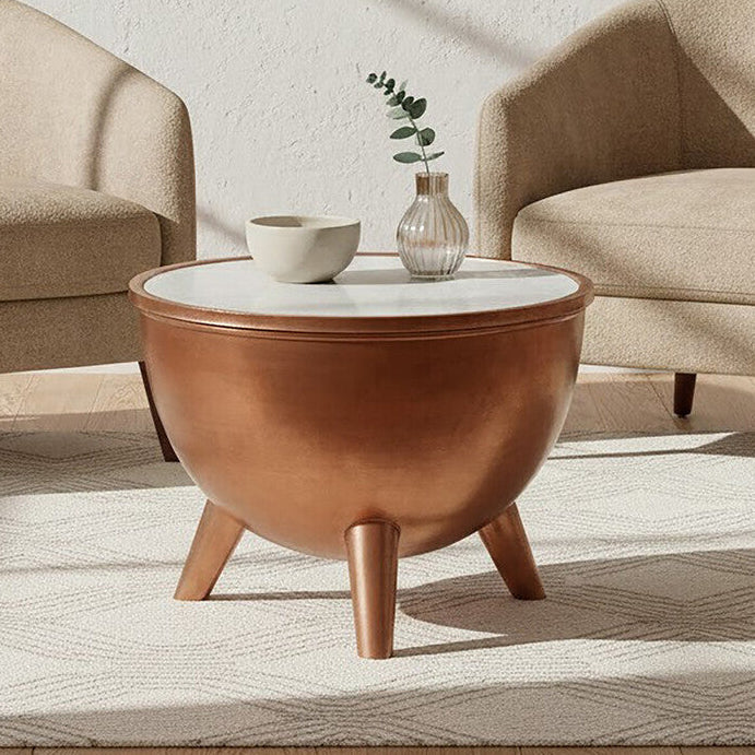 Crest Copper Bowl Shaped Coffee Table with White Marble