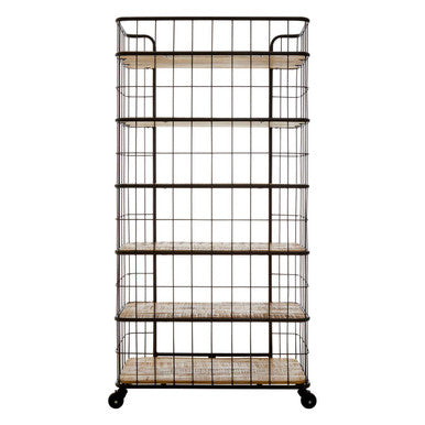 Metal bookshelf with wire mesh design on a white background