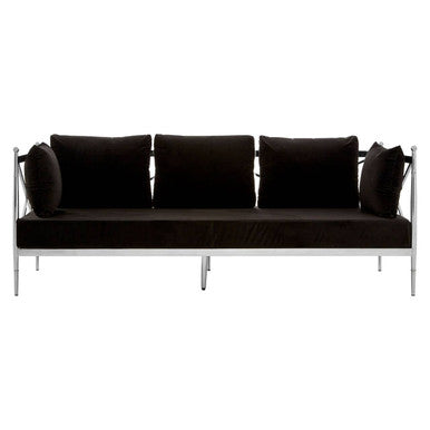 Black sofa with four cushions on a white background
