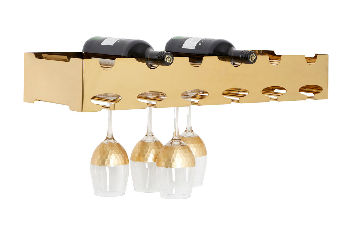Gold wine rack with bottles and glasses on a white background