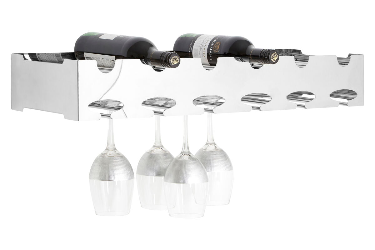 Wine rack with wine bottles and glasses on a white background
