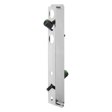 Metal bracket with two green screws on a white background