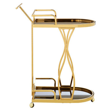 Gold metal bar cart with two trays on a white background