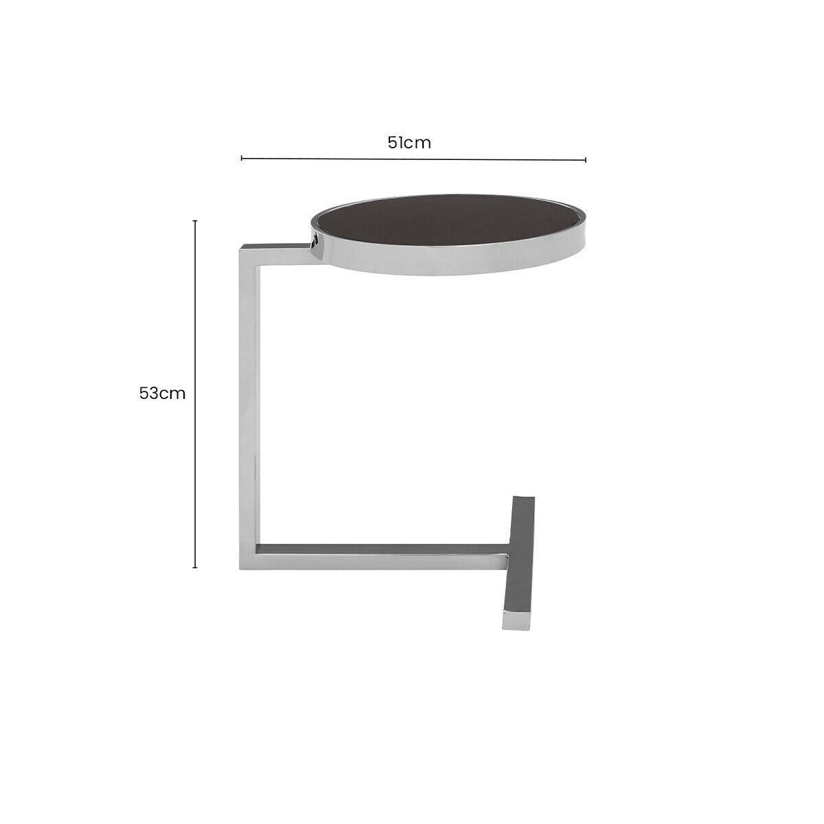Silver Metal T Base Side Table with Black Tempered Glass Top, Novo