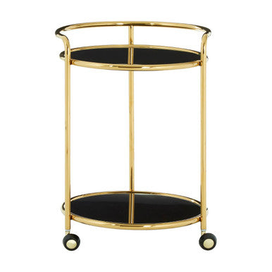 Gold serving cart with black glass shelves on a white background