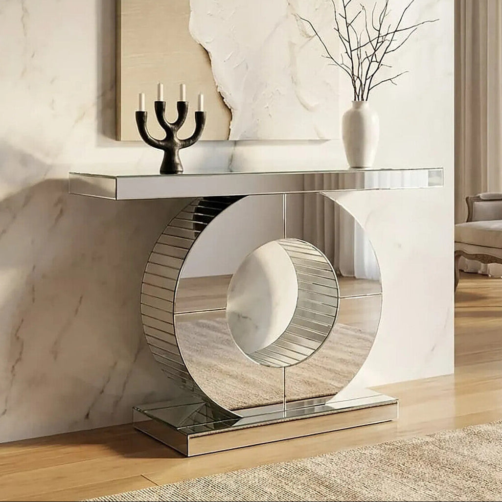 Mirrored Console Table with Round Mirrored Base and Decorative Ridges | Gianara