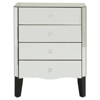 Mirrored chest of drawers with black legs on a white background