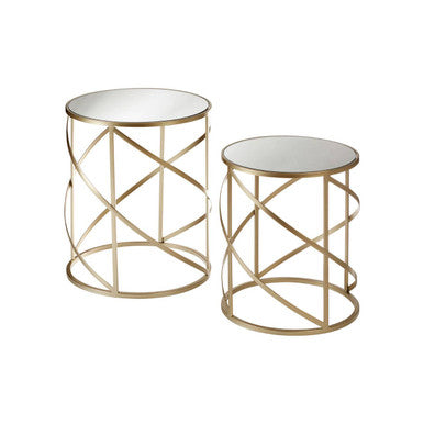 Set of 2 Gold Champagne Finish Flowing Swirl Metal Frame Side Tables with Mirrored Glass Tops, Avantis